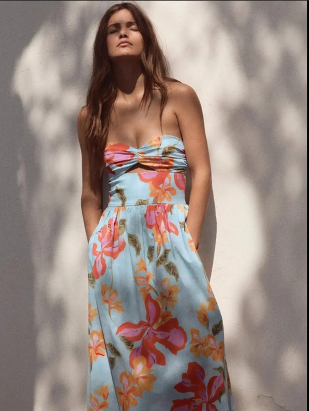 Zara Floral Poplin Strapless Midi Dress Size M NWT